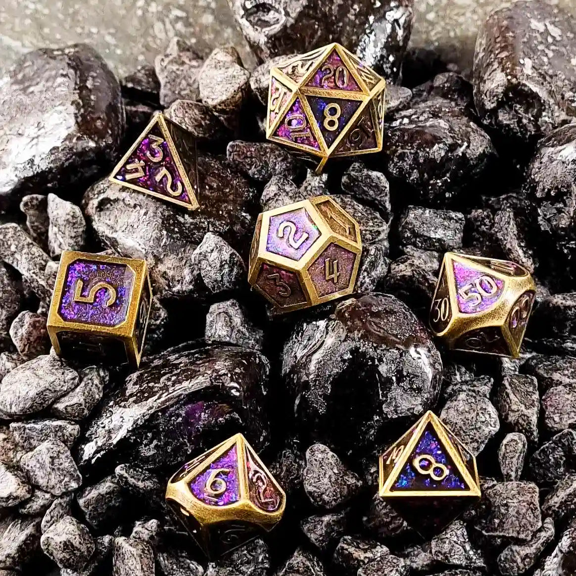 Glittering Royal Purple Metal DnD Dice Set