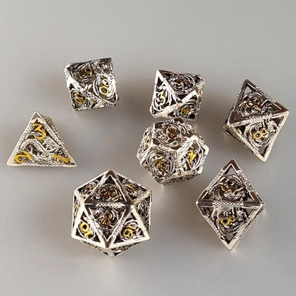 Silver & Gold Dragon Metal DnD Dice Set